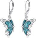 wholesale 925 Sterling Silver Butterfly Turquoise Inlay Leverback Drop Earrings-0-0