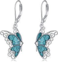 wholesale 925 Sterling Silver Butterfly Turquoise Inlay Leverback Drop Earrings-Turquoise Butterfly