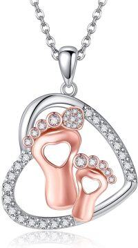wholesale 925 Sterling Silver Footprint Pendant with Cubic Zirconia Heart Shape Necklace for Women Girls-Pregnancy