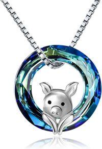 wholesale 925 Sterling Silver Blue Crystal Pig Head Pendant Necklace for Women and Girls Gifts-0.78\" Blue Crystal