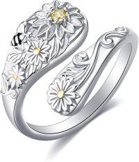 wholesale Sterling Silver Spoon Rings Hummingbird Shark Daisy Tree of Life Dragonfly Witches Knot Sea Turtle Adjustable Thumb Rings for Women Mother Birthday Gifts-Daisy