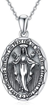 wholesale 925 Sterling Silver Virgin Mary Pendant with Religious Medallion and Cross Charm on 3mm  Cable Chain for Women Men  (Silver)-Virgin Mary