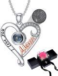 wholesale 18K White Gold Plated Silver & Moissanite 100 Languages I Love You Projection Heart Mom Necklace with Rose Gift Box-0-0