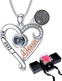 wholesale 18K White Gold Plated Silver & Moissanite 100 Languages I Love You Projection Heart Mom Necklace with Rose Gift Box-I-Preserved Dark Pink Real Rose