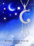 wholesale 18K White Gold Plated Sterling Silver Moissanite Diamond Moon and Star Necklace with Zircons, 0.5ct D Color VVS1-0-1