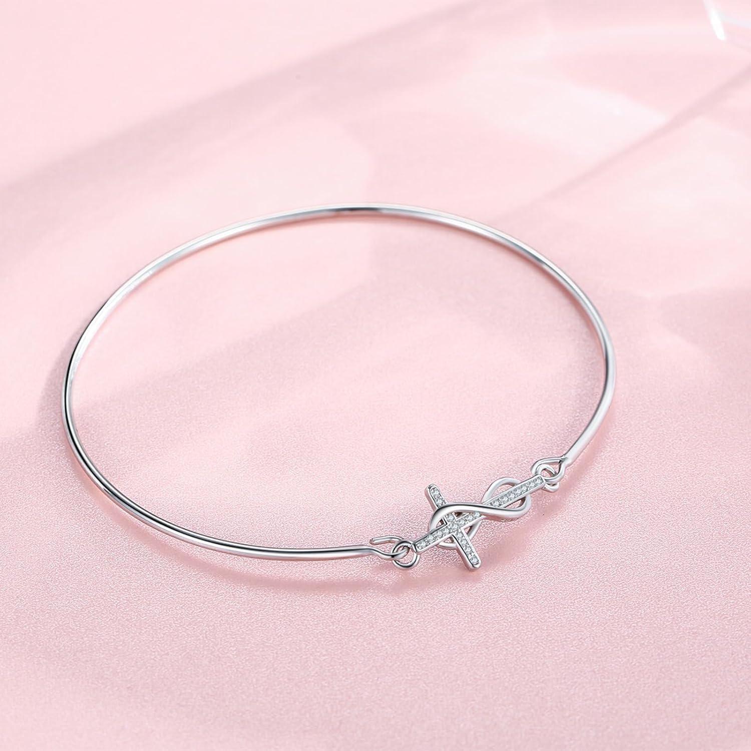  Sterling Silver Infinity Cross Bangle Bracelet Women s Christian Religious Jewelry Gift -0-4