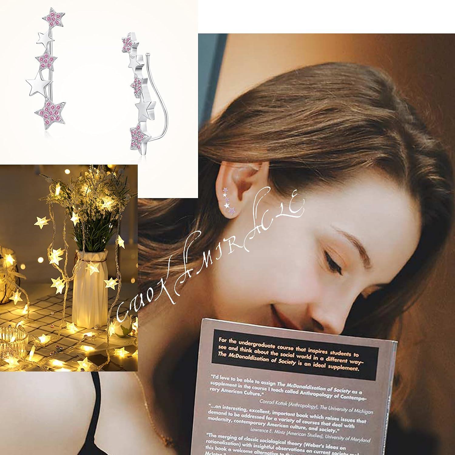 925 Sterling Silver Pink CZ Star Climber Ear Cuffs-0-3