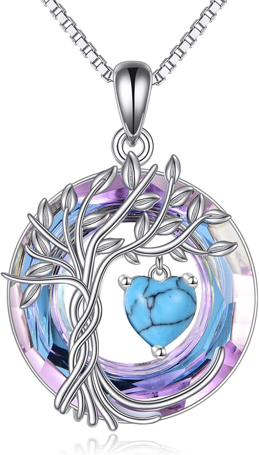 Sterling Silver Crystal Tree of Life Necklace for Women-12-Dec-Turquoise