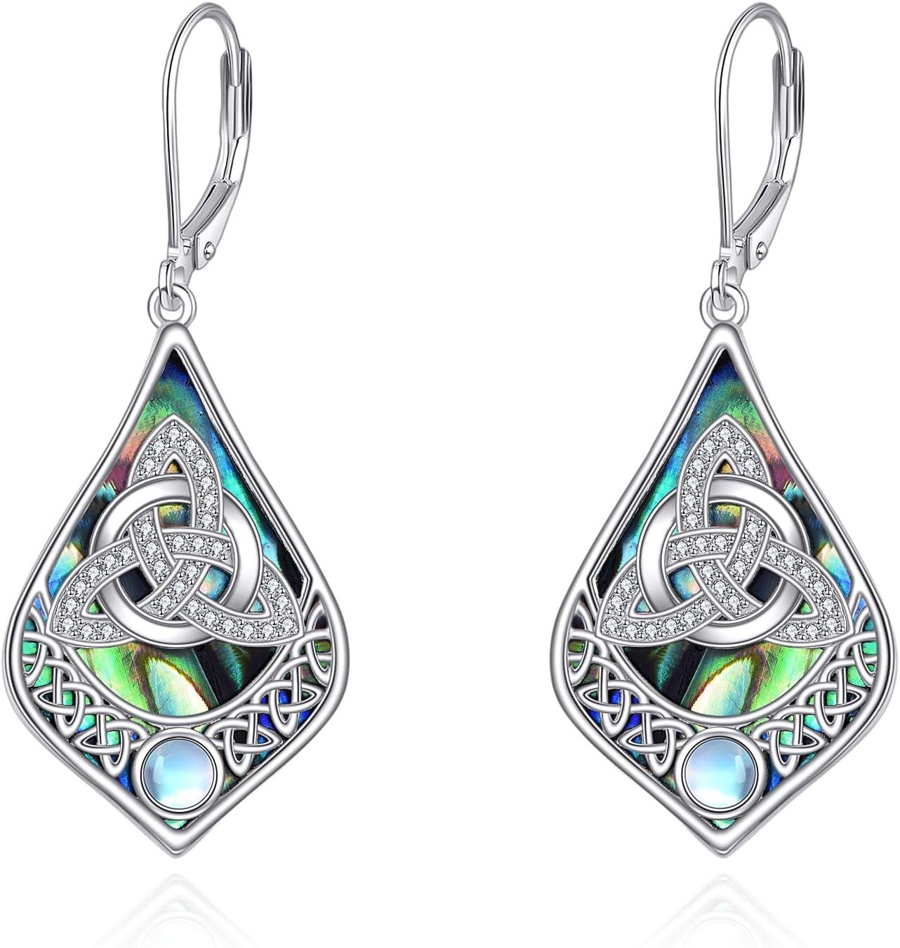 Sterling Silver Moonstone Abalone Star of David Witchy Celtic Shell Flower Saturn Dangle Earrings Jewish Irish Jewelry Gifts-E-Celtic