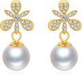 wholesale Gold 925 Sterling Silver Dragonfly White Shell Pearl Stud Earrings 6mm AAA Cubic Zirconia Stones Jewelry for Women Girls Gift Boxed-0-0