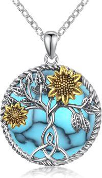 wholesale 925 Sterling Silver Tree of Life Turquoise and Gold Sunflowers Pendant Necklace-D-Turquoise Sunflower
