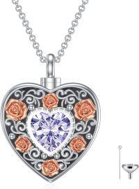 wholesale Sterling Silver Birthstone Angel Wing Cross Rose Heart Cremation Urn Necklace for Women with Funnel Kit ( chars)-Heart Non-personalized 02-Feb-Amethyst