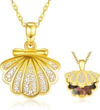 wholesale Gold Plated Shell Photo Frame Pendant Necklace for Women - 925 Sterling Silver Clasp and Cubic Zirconia Accents (18 + 2)-Seashell