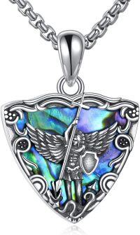 wholesale 925 Sterling Silver Tri-Color Abalone Shell Angel Sword Cross Shield Pendant Necklace-St. Michael-B