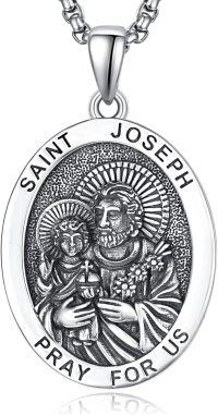 wholesale 925 Sterling Silver St Joseph Medal Necklace for Men Women Catholic Jewelry Prayer Charm Gift 3D Pray For Us Pendant Chain Christian Faith Symbolic Religious Gifts -Saint Joseph