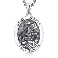 wholesale 925 Sterling Silver St Joseph Medal Necklace for Men Women Catholic Jewelry Prayer Charm Gift 3D Pray For Us Pendant Chain Christian Faith Symbolic Religious Gifts -Saint Joseph