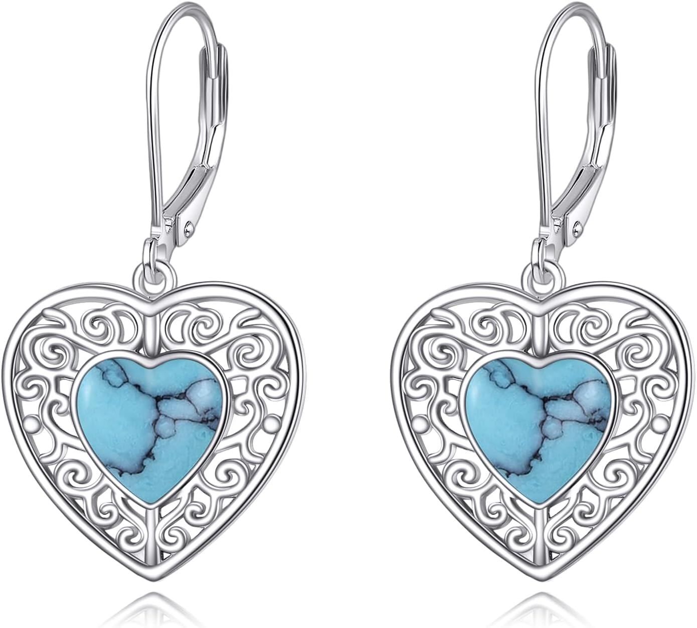Sterling Silver Onyx Peridot Pink Moss Agate Turquoise Lapis Lazuli Heart Earrings-0-0
