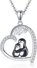 wholesale 925 Sterling Silver Heart-Shaped Penguin Family Pendant Necklace with Snowflake Design and Cubic Zirconia Stones - Gifts for Her-0-0