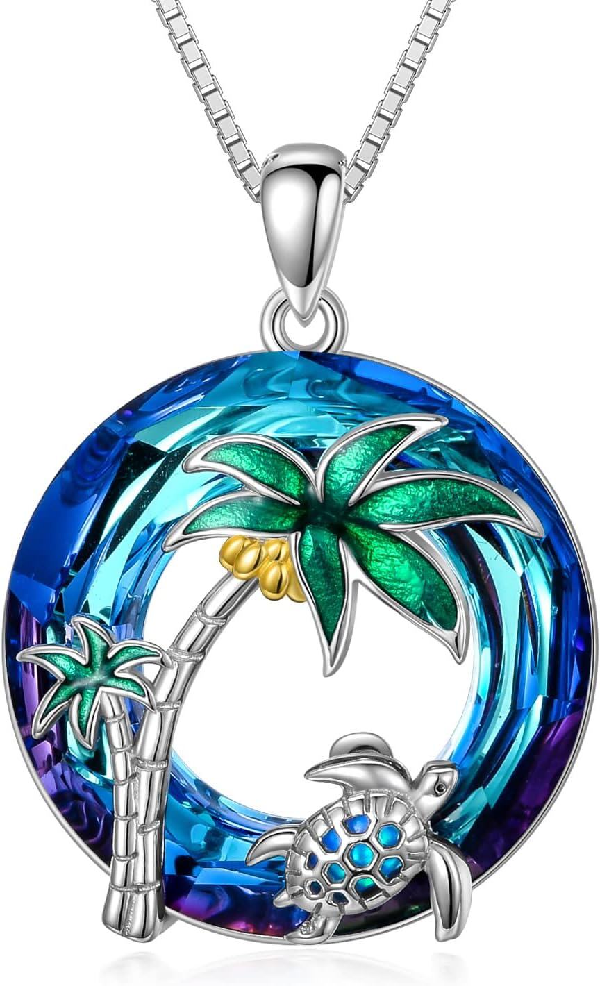 925 Sterling Silver Blue Crystal Sea Turtle & Palm Tree Necklace Pendant Jewelry-0-0