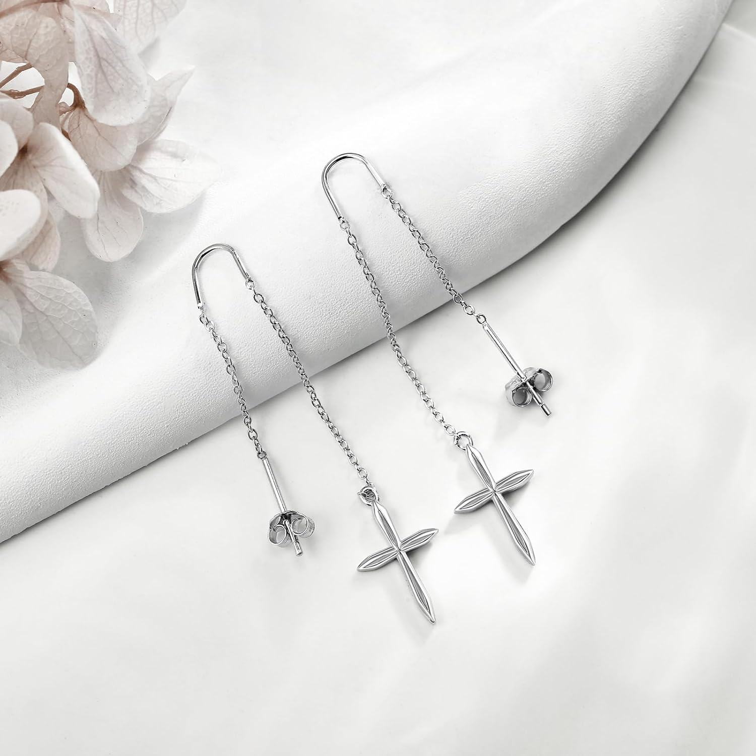 925 Sterling Silver Cross Heart Threader Chain Drop Earrings for Women-0-4
