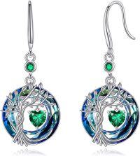 wholesale Sterling Silver Gemstone Tree of Life Dangle Earrings Birthstone Gift for Her-05-May-Emerald