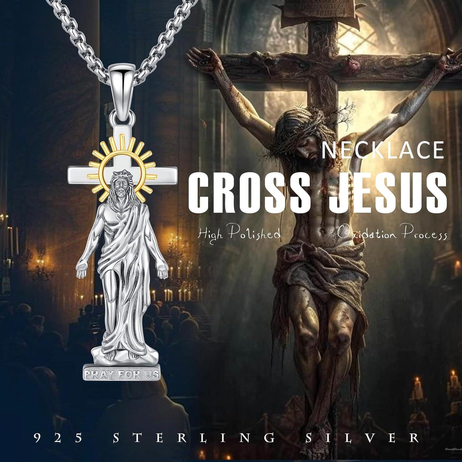 925 Sterling Silver Jesus Christ Cross Pendant with Halo and Stone Protection Necklace for Men & Women-0-2