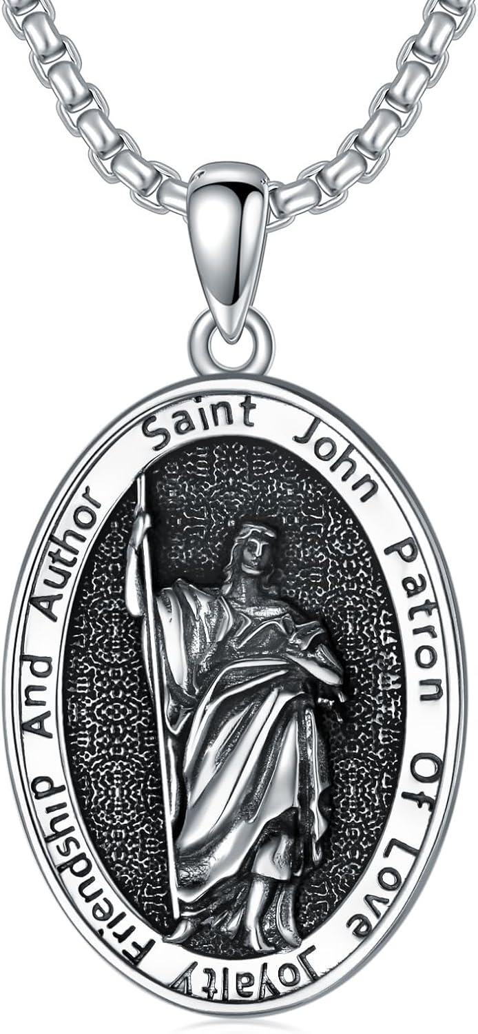 Sterling Silver Stone Patron Saint Necklace Amulet Jewelry Gift for Men Women-B02-St John Non-personalized
