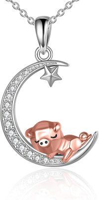 wholesale 925 Sterling Silver Crescent Moon with Pink Pig Pendant Necklace for Women-Moon pig