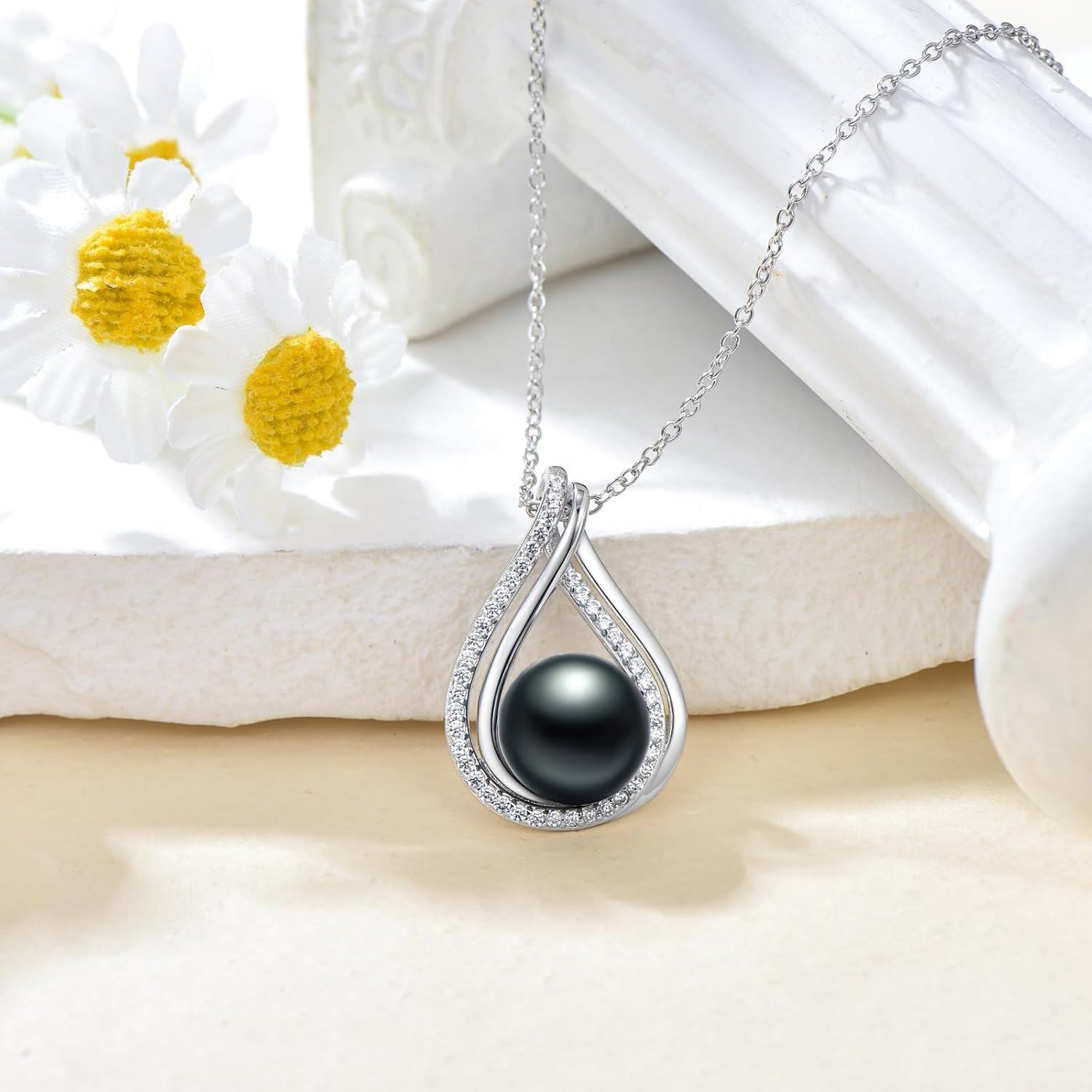 Sterling Silver Black Pearl Pendant Necklace Infinity Design 10mm 18 +2 Chain Gift for Valentine s Mother s Day-0-2