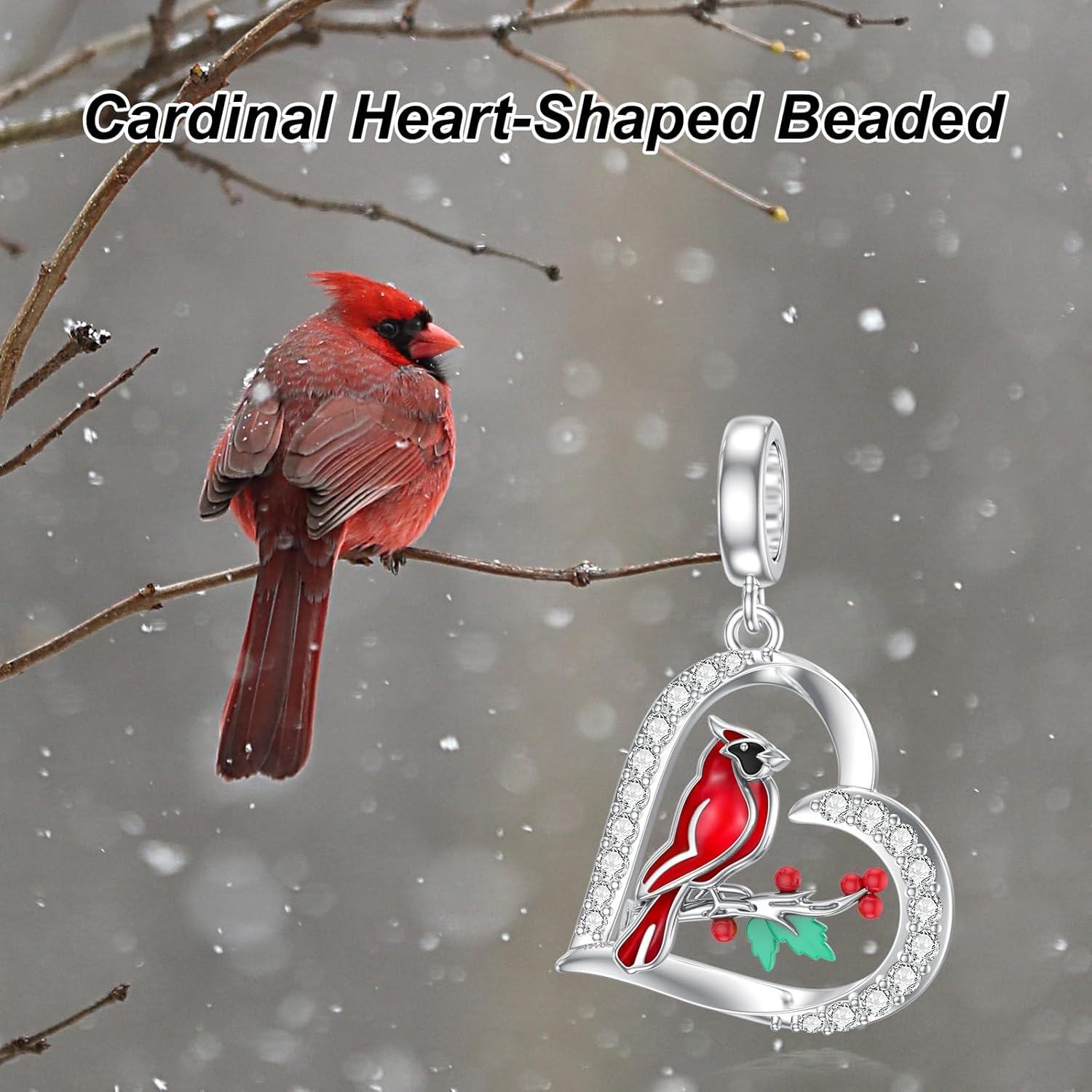 925 Sterling Silver Heart-Shaped Pendant with Red Cardinal and Berries Design for Bracelets or Necklaces-0-5