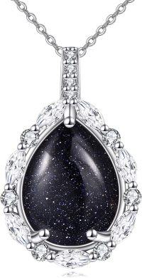 wholesale 925 Sterling Silver Black Goldstone Teardrop CZ Halo Pendant Necklace-Blue Sandstone