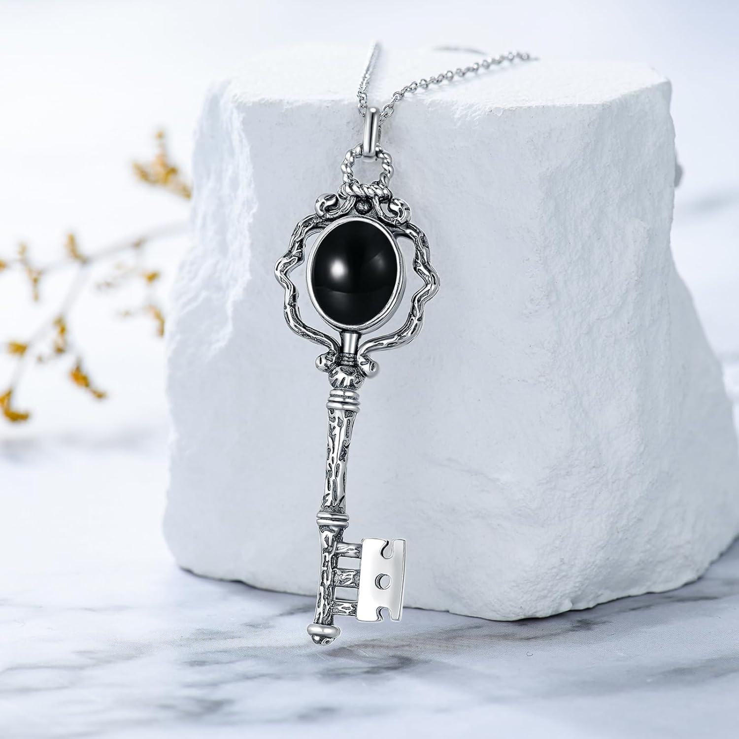 Sterling Silver Stone Retro Key Necklace for Women Exquisite Jewelry Gift-0-3