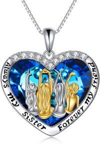 wholesale 925 Sterling Silver Heart-Shaped Pendant with Blue Crystals and Gold/Silver Figures - Gift for Sisters/Mom/Daughter-4 Sisters-LOVE