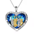 wholesale 925 Sterling Silver Heart-Shaped Pendant with Blue Crystals and Gold/Silver Figures - Gift for Sisters/Mom/Daughter-0-0