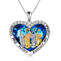 wholesale 925 Sterling Silver Heart-Shaped Pendant with Blue Crystals and Gold/Silver Figures - Gift for Sisters/Mom/Daughter-4 Sisters-LOVE