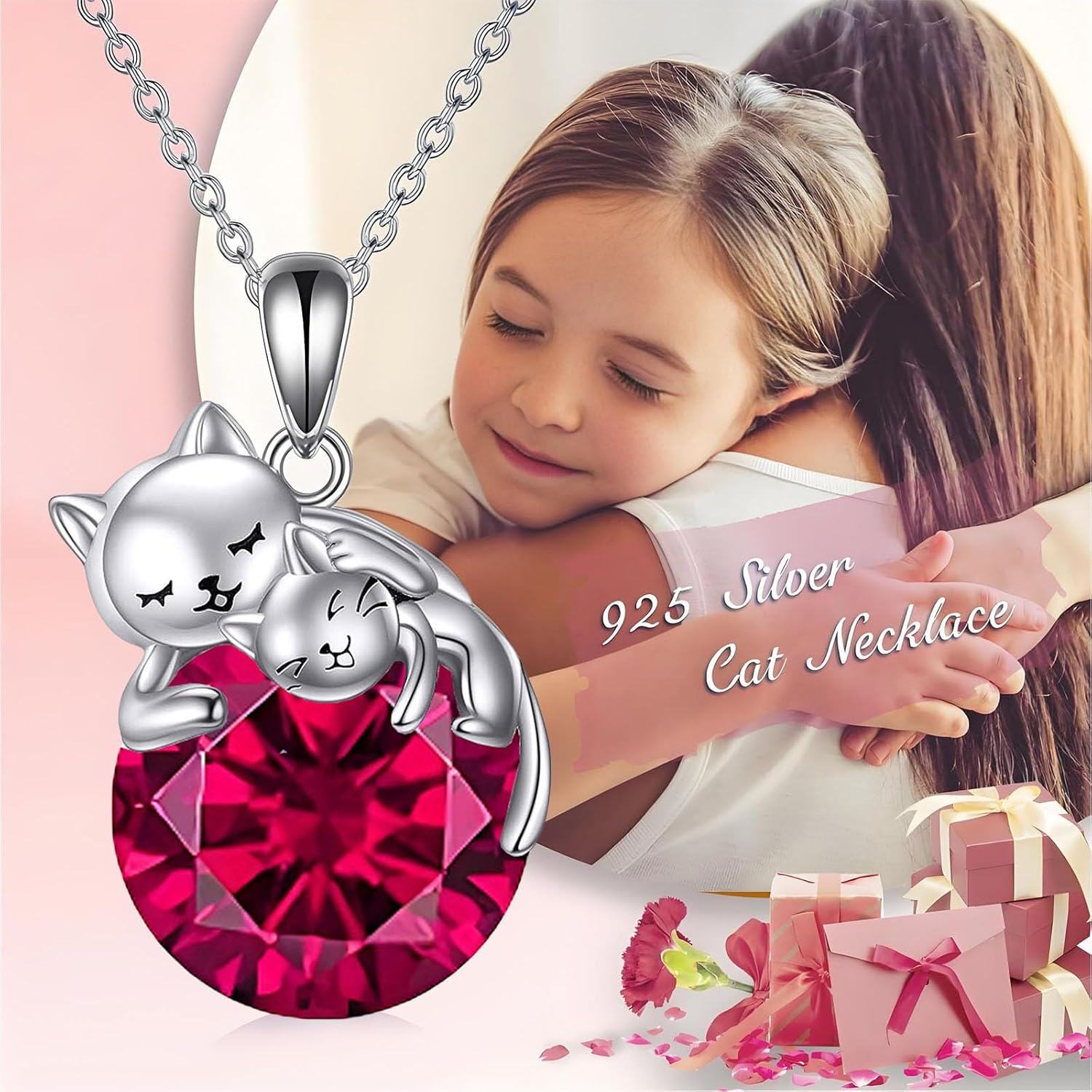 925 Sterling Silver Red Crystal Cats Pendant Necklace for Women-0-5