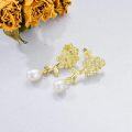 wholesale Gold-Plated 925 Sterling Silver Flower and Leaf Design with Pearl Dangle Stud Earrings for Women-0-3