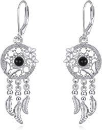 wholesale 925 Sterling Silver Black Onyx Butterfly Feather Dreamcatcher Drop Earrings for Women's Gifts-Black