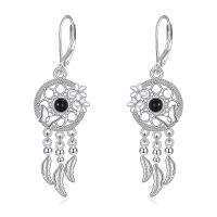 wholesale 925 Sterling Silver Dreamcatcher Butterfly Flower Feather Drop Earrings Black Zircon-Black