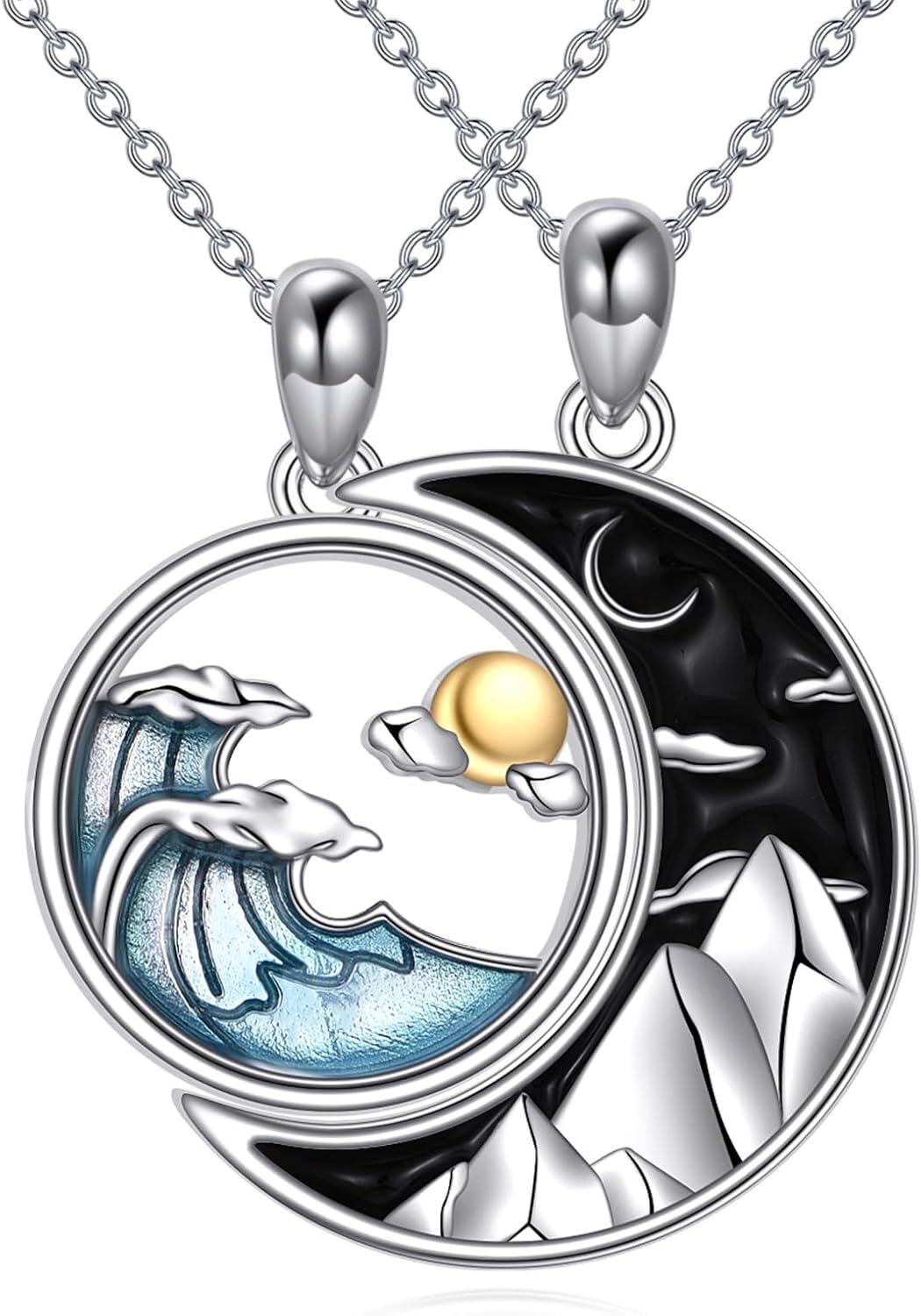 Sterling Silver Couples BFF Necklace w Cross Yin Yang Sun Moon Mountain Wave Pendant-Mountain Wave