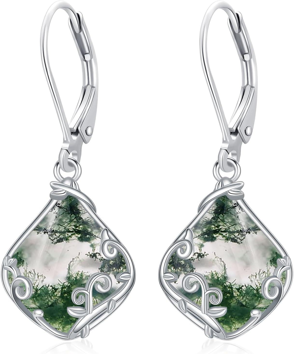 925 Sterling Silver Green Moss Agate Filigree Teardrop Dangle Earrings for Women-0-0