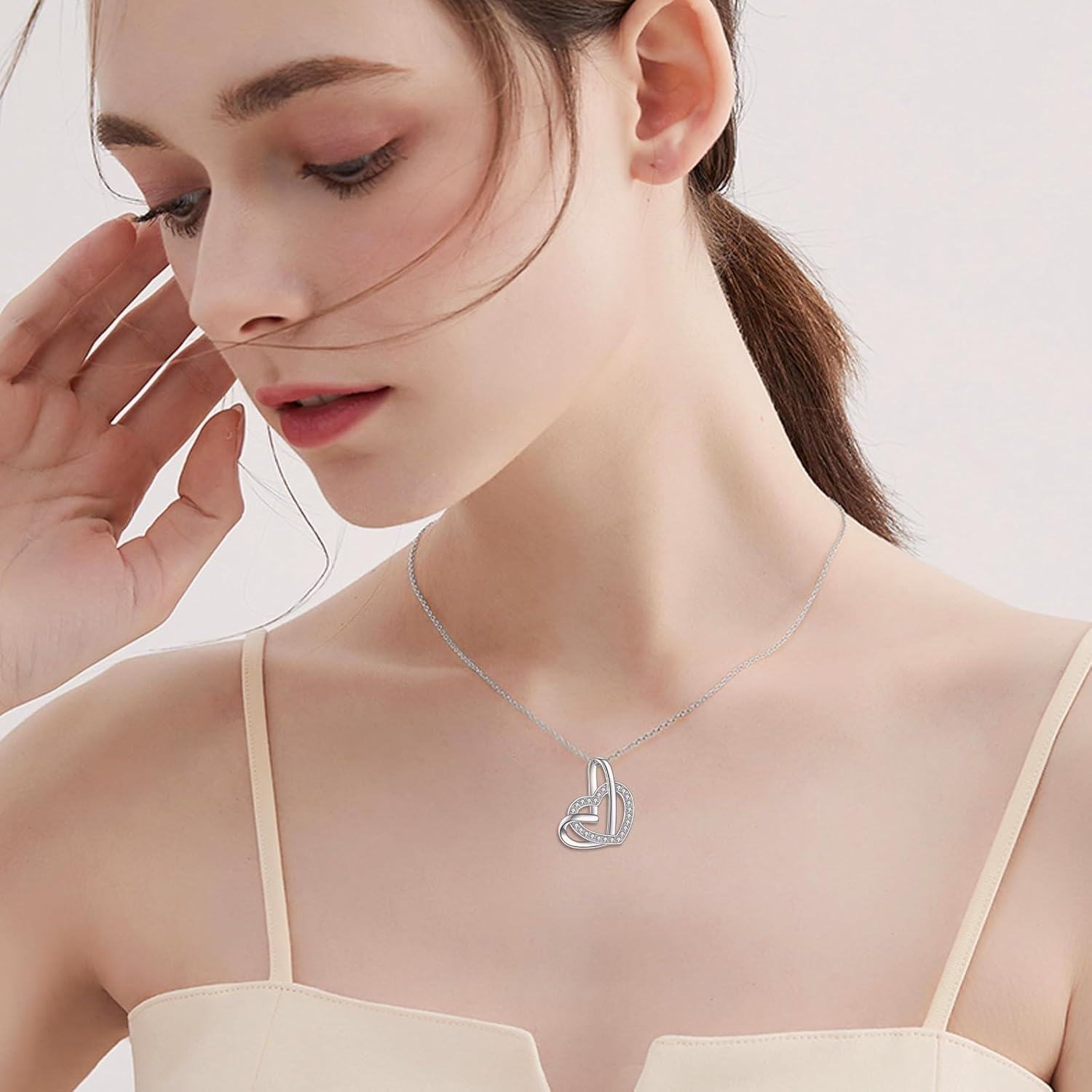 wholesale 925 Sterling Silver Infinity Heart Angel Wings Double Heart Pendant Memorial Necklace with Cubic Zirconia Stones 45cm Chain Length-0-1