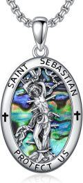 wholesale 925 Sterling Silver St Sebastian Protect Us Pendant with Abalone Shell and Crosses on Beaded Chain - 34 Total Length-0-0