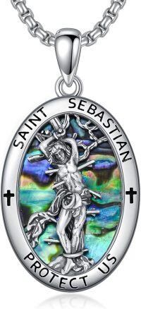 wholesale 925 Sterling Silver St Sebastian Protect Us Pendant with Abalone Shell and Crosses on Beaded Chain - 34 Total Length-Saint Sebastian