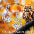 wholesale 925 Sterling Silver Moon Owl Drop Earrings with Blue Stone and Pentagram Design-0-1