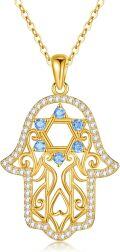 wholesale Gold 925 Sterling Silver Hamsa Necklace with Blue CZs and Star of David Pendant 36 Chain-0-0