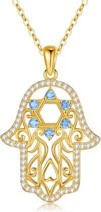 wholesale Gold 925 Sterling Silver Hamsa Necklace with Blue CZs and Star of David Pendant 36 Chain-Star of David-Gold
