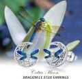 wholesale 925 Sterling Silver Blue Enamel Celtic Moon Dragonfly Stud Earrings Irish  for Women Girls-0-4