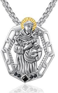 wholesale 925 Sterling Silver Saint Anthony Pendant with Black Cubic Zirconia and Gold Halo Chain Necklace for Women & Men Catholic Gift-St Anthony-A