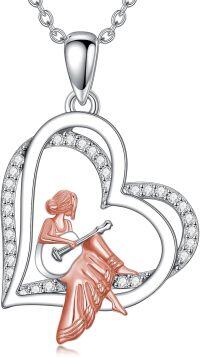wholesale Sterling Silver & Cubic Zirconia Heart-Shaped Guitar Necklace with Platinum Rose Gold Plated Musician Pendant for Women 18 Adjustable Chain-Guitar